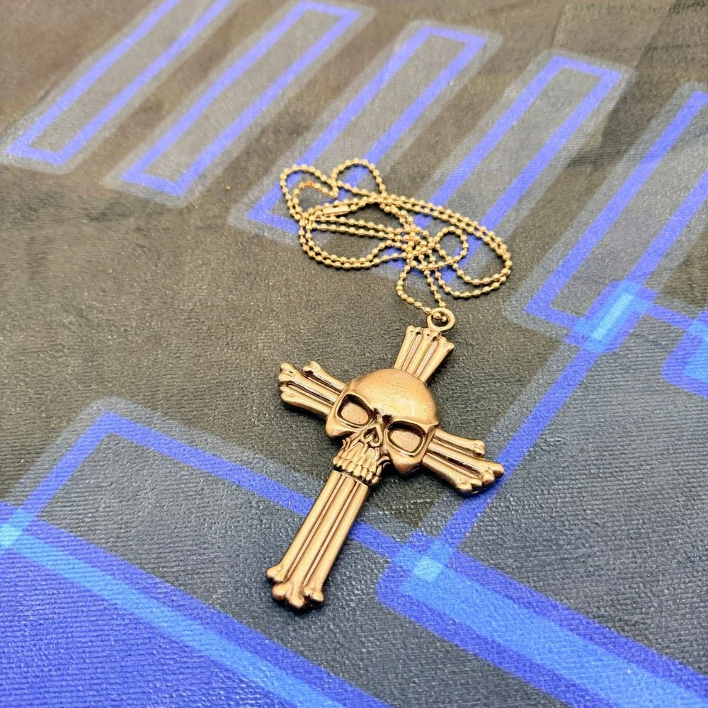 Gothic Skull Cross Hidden Knife Dagger Pendant Necklace Bronze Ball Chain